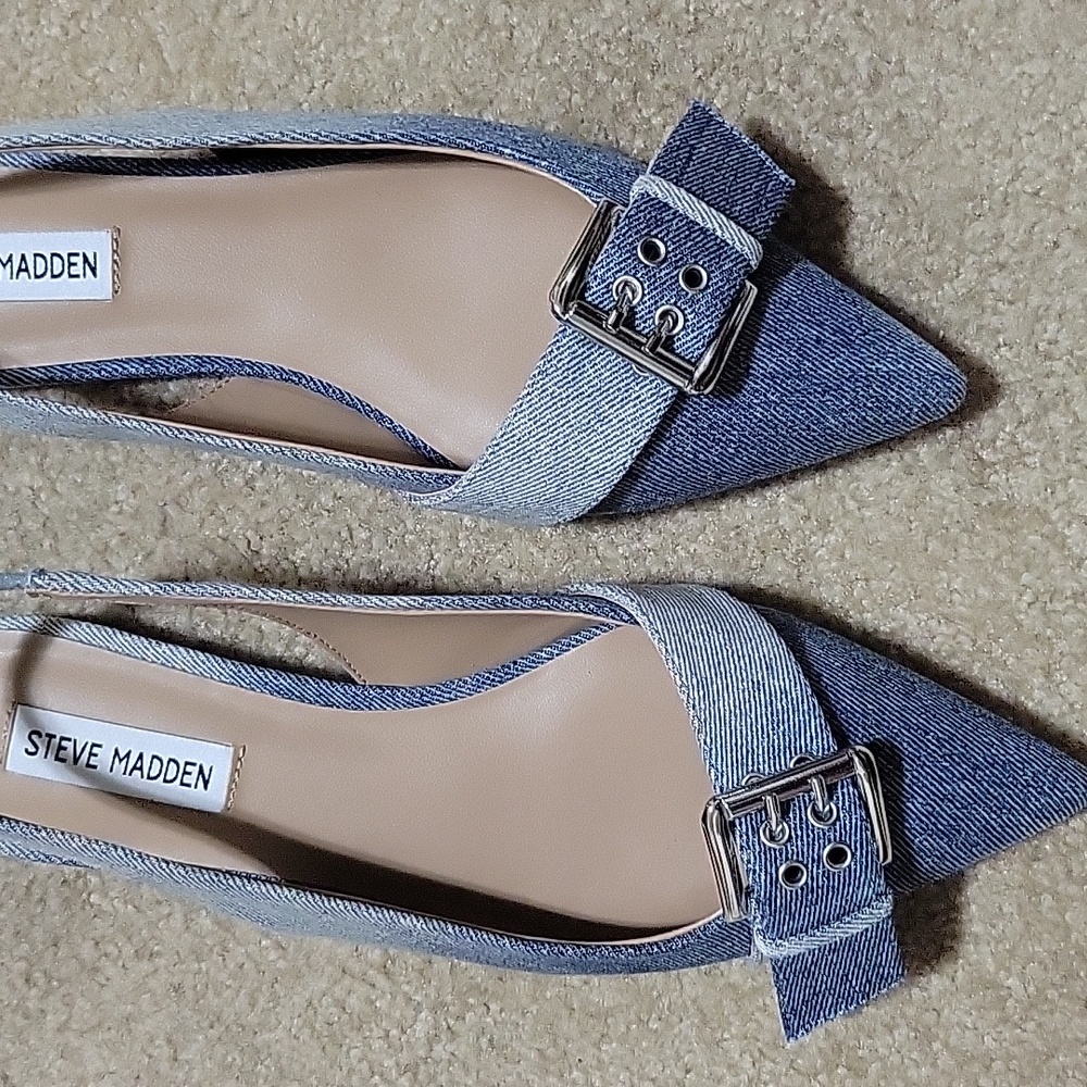 Steve Madden Blue Denim Pointed Flats with Silver Buckle OBO